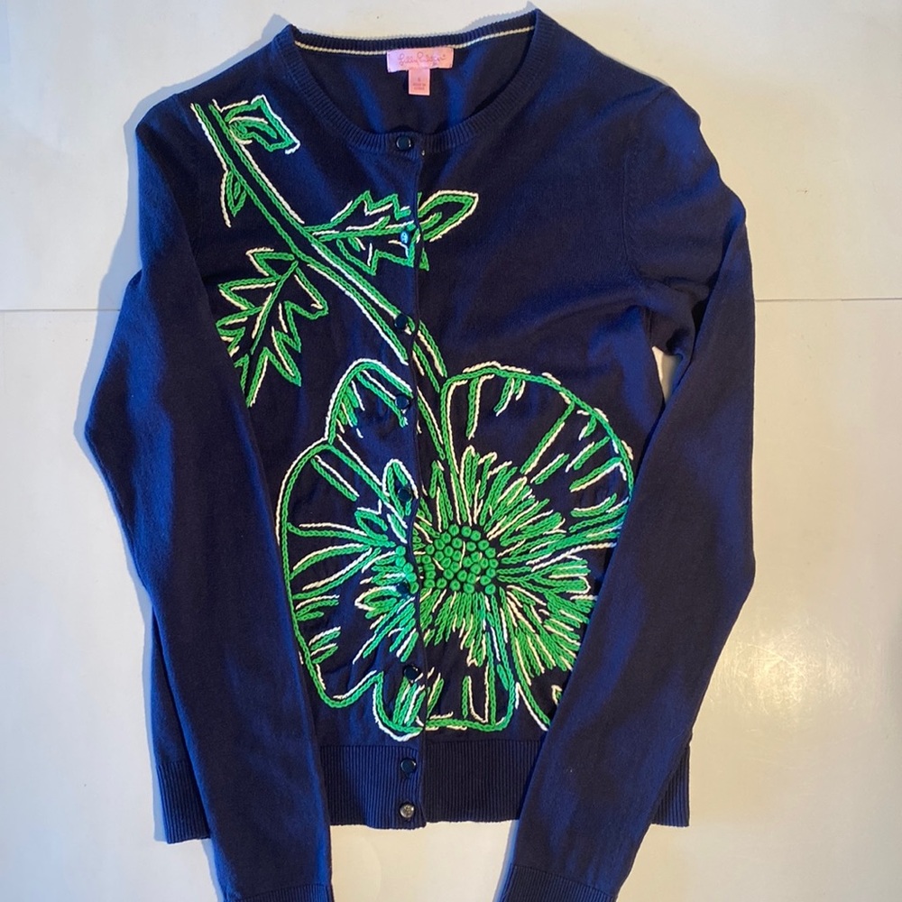 Lilly Pulitzer navy cardigan with embroidered poppy SZ S preppy summer classic